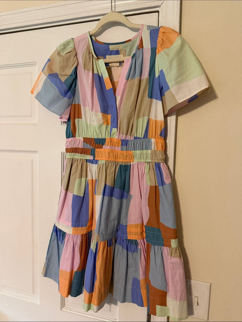 Anthropologie: Emerson Colorblock Short Sleeve Tiered Dress - Pastel Multicolor
